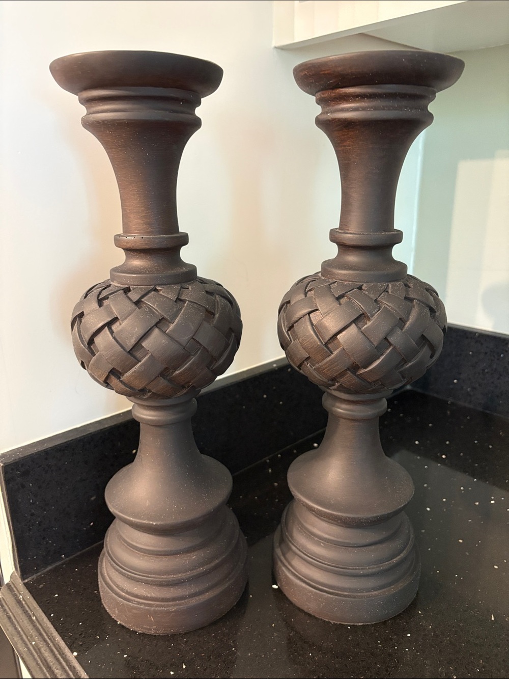 PAIR 15” Rustic Matte Black Brown Ball Basketweave Candle Holders Farmhouse
